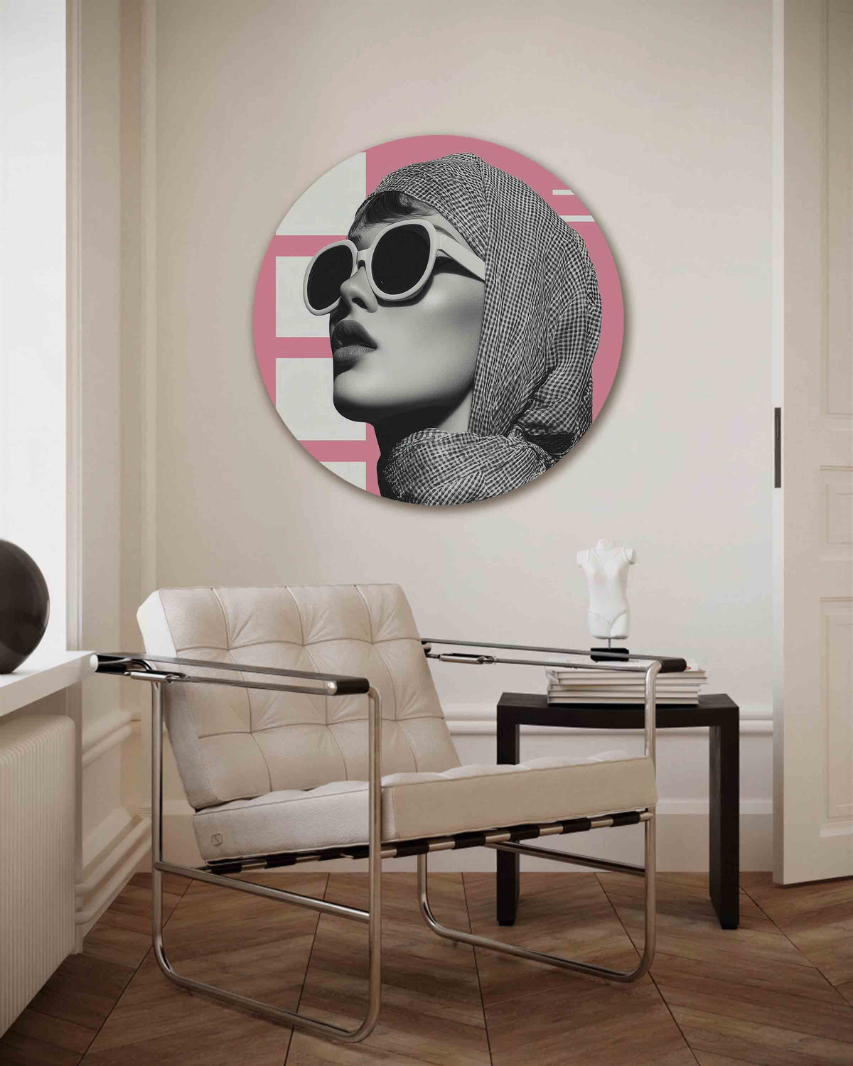 Vrouw met zonnebril – Pop Art muurcirkel als ronde wanddecoratie