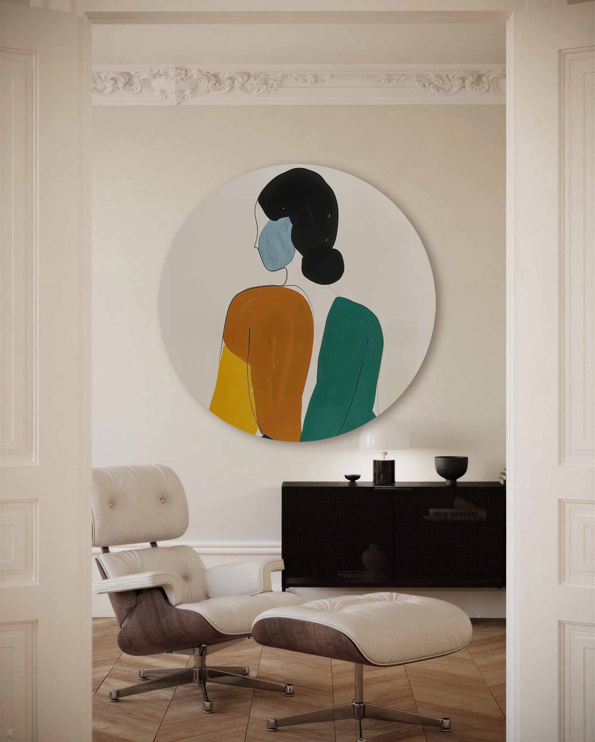 Abstracte figuur – muurcirkel met kleur en vormen voor aan de muur