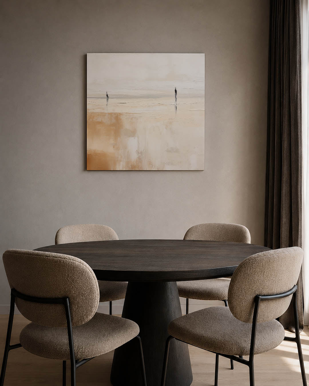 Landschap kunstwerk – tweede productweergave – dit werk toont een compositie met zachte overgangen tussen beige en wit. Twee