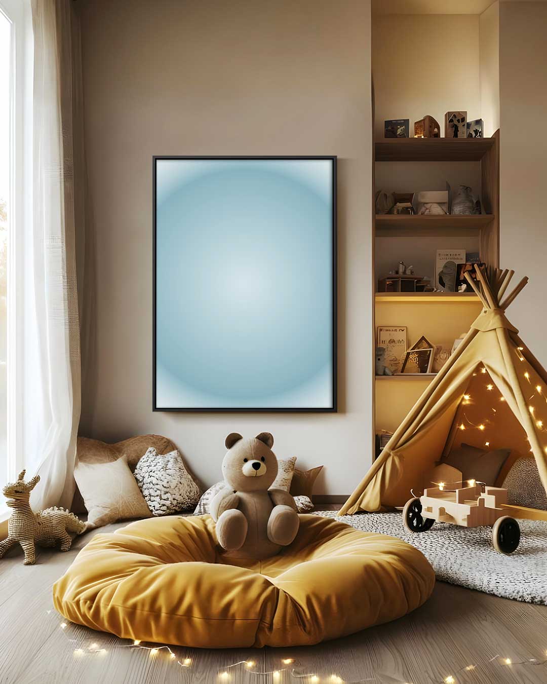 Rustgevende Blauwe Cirkel – staand kunstwerk voor modern interieur