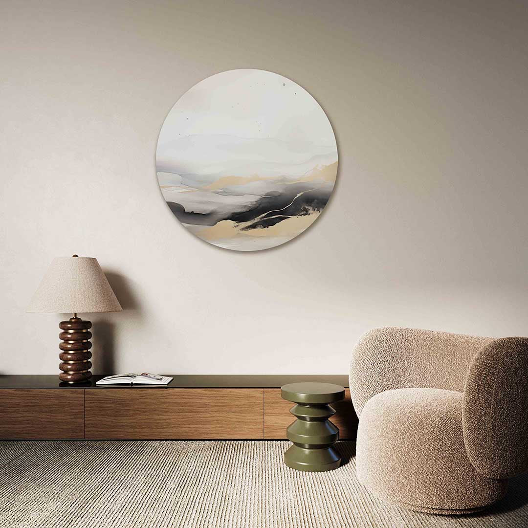 Landschap in beige en zwart – Pop Art muurcirkel als ronde wanddecoratie