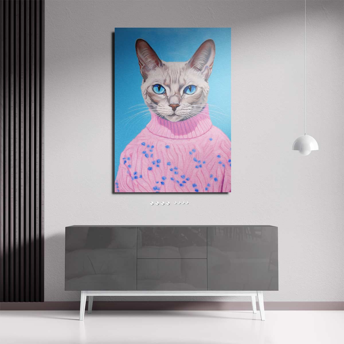 Kat in Roze Trui Portret – staande wandkunst voor woonkamer of interieur