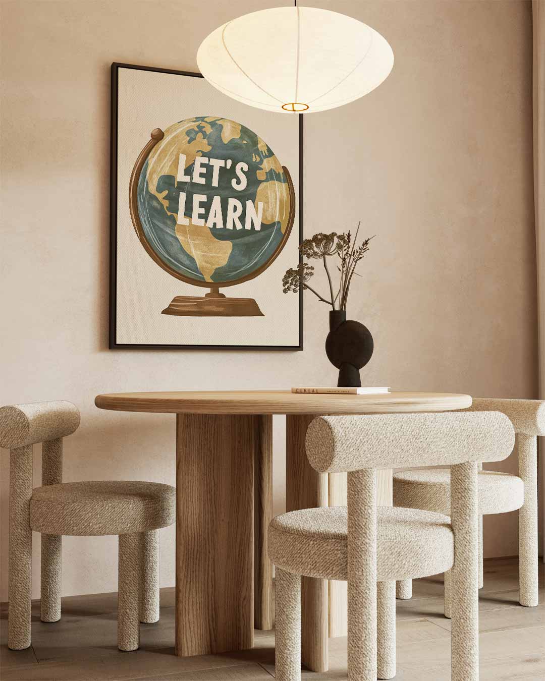 Wereldbol "Let's Learn – kunstwerk met zwarte baklijst
