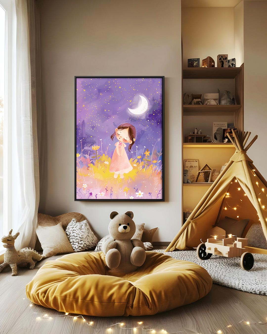 Dromerig meisje onder sterren – decoratief kunstwerk voor aan de muur