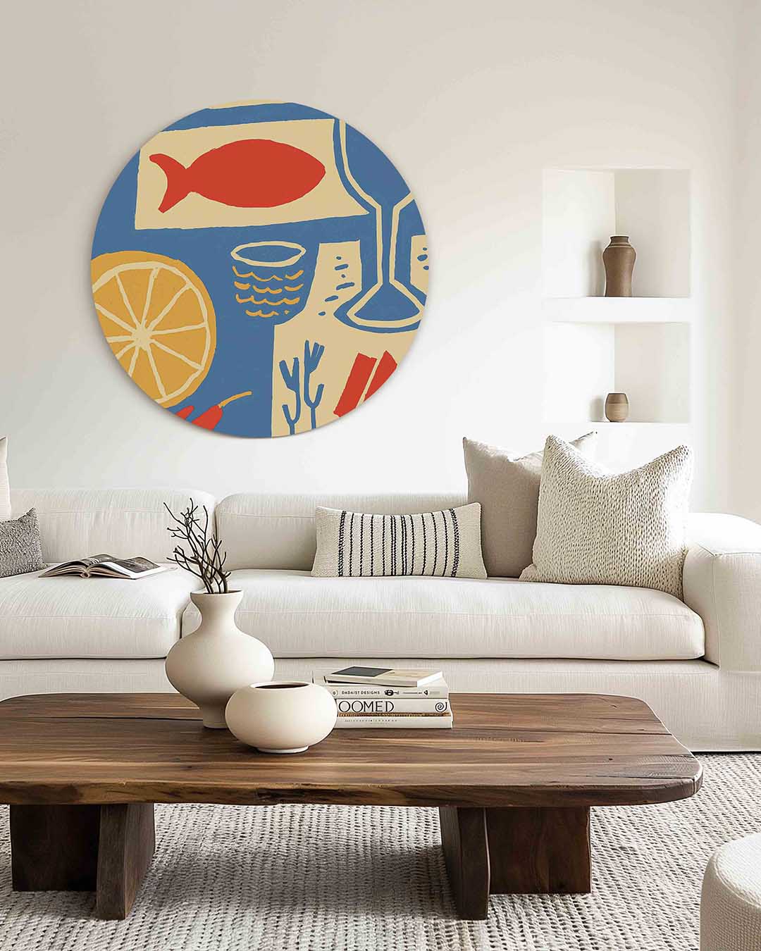 Citrus en vis – muurcirkel met kleur en vormen voor aan de muur