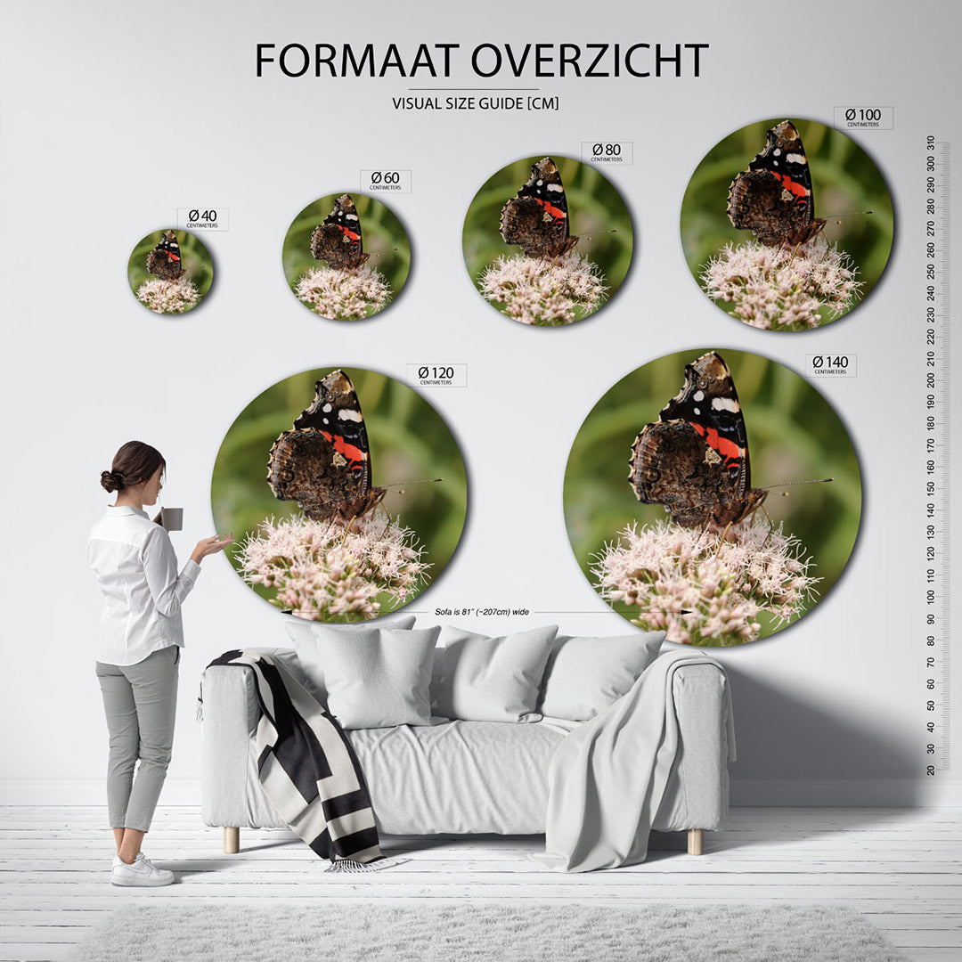 Vlinder op bloem – ronde wanddecoratie met fotografie