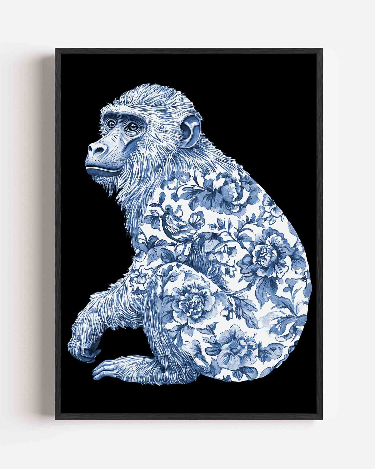 Aap met bloemenpatroon – Delfts blauwe portret poster als wanddecoratie