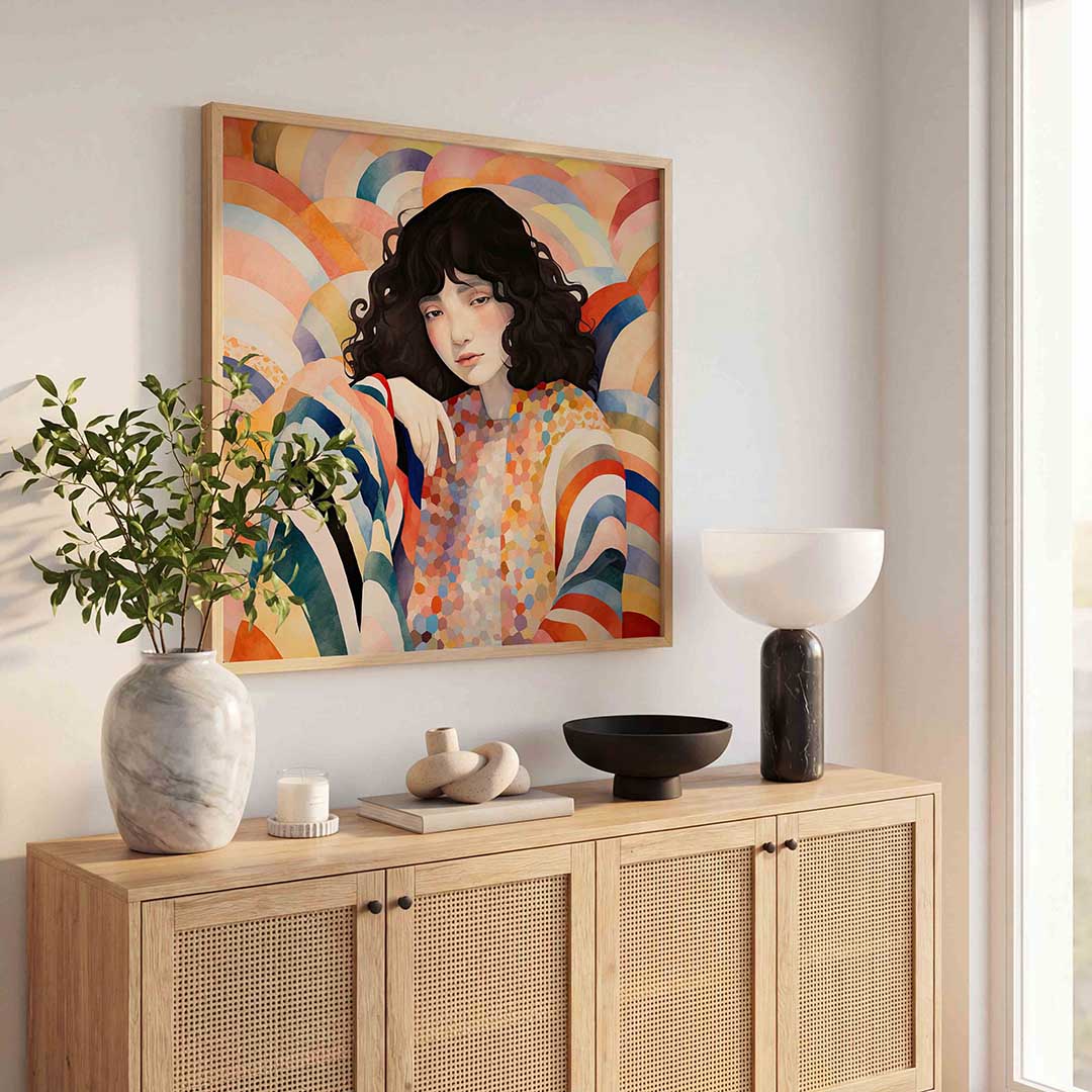 Vrouw met kleurrijke achtergrond – illustratie poster in vierkant formaat