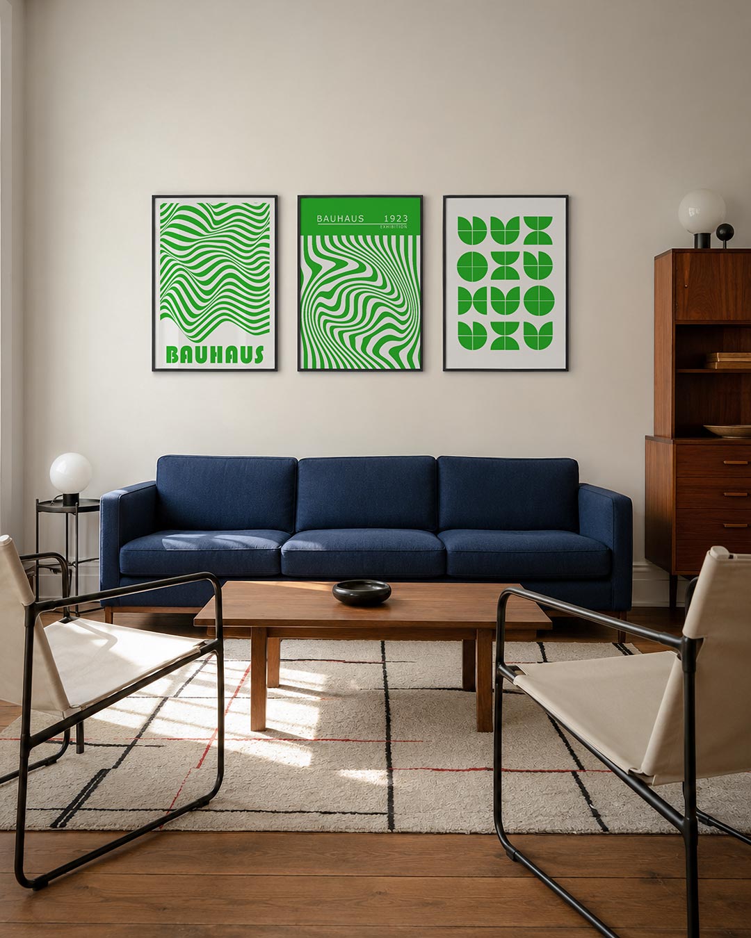 Golvend lijnenspel posterset – derde productweergave – deze posterset in drie delen toont groene golvende lijnen op een witte