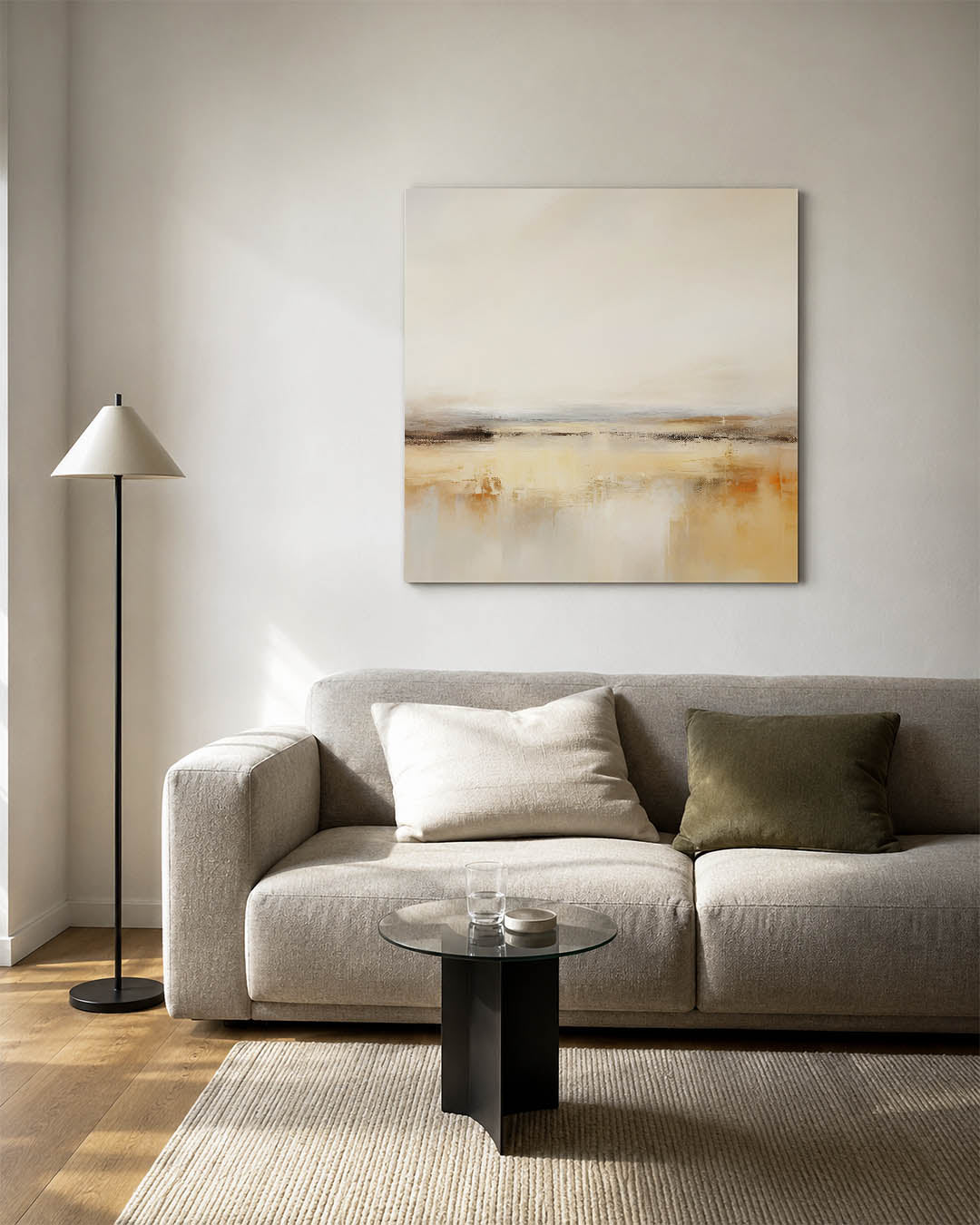 Zachte horizon kunstwerk – vierkante wanddecoratie – dit werk toont een serene compositie van zachte, vloeiende lijnen en