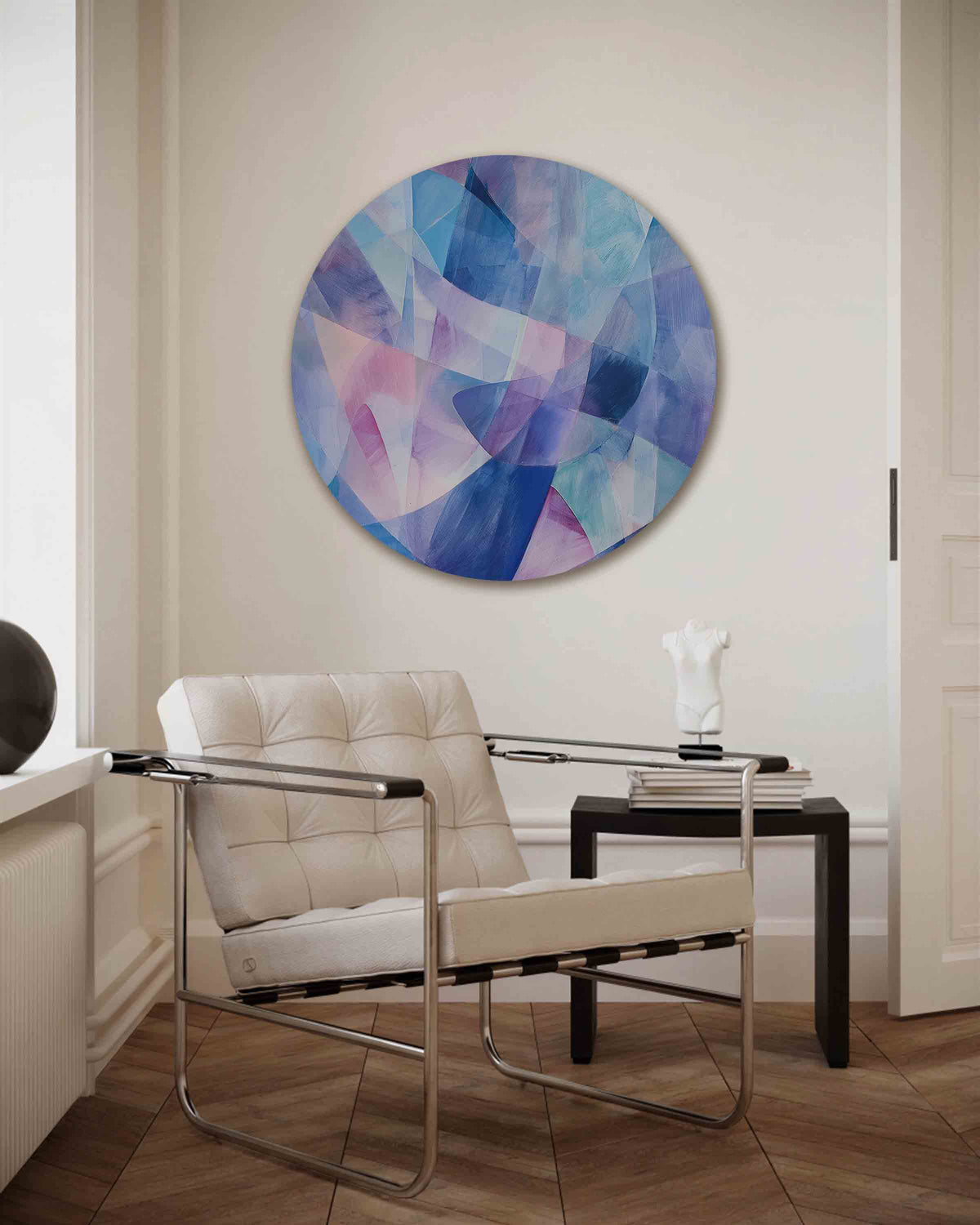 Abstracte blauwe vormen – kleurrijke muurcirkel als ronde wanddecoratie