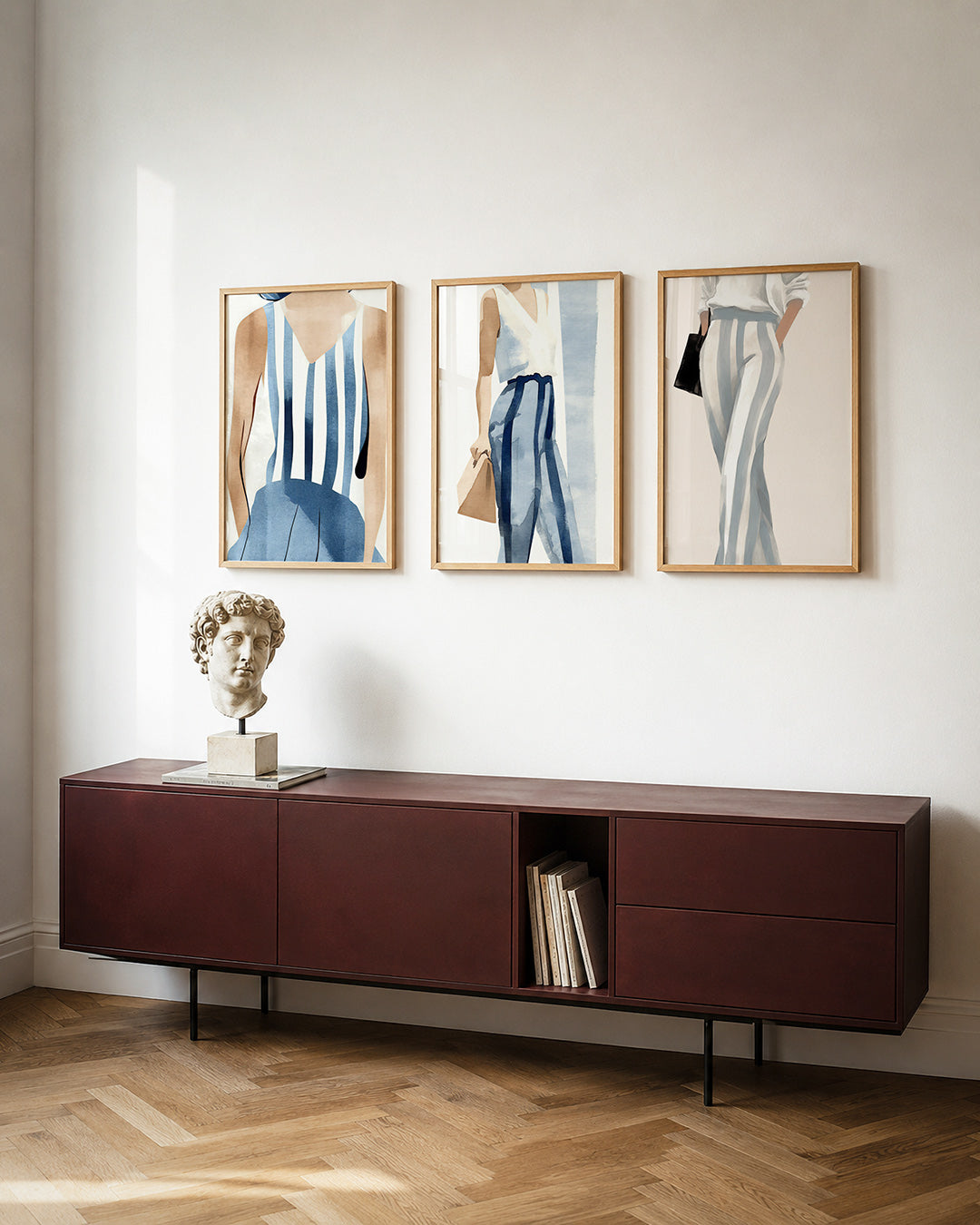 Gestreepte harmonie posterset – detailweergave – deze posterset in drie delen toont een vloeiend lijnenspel met