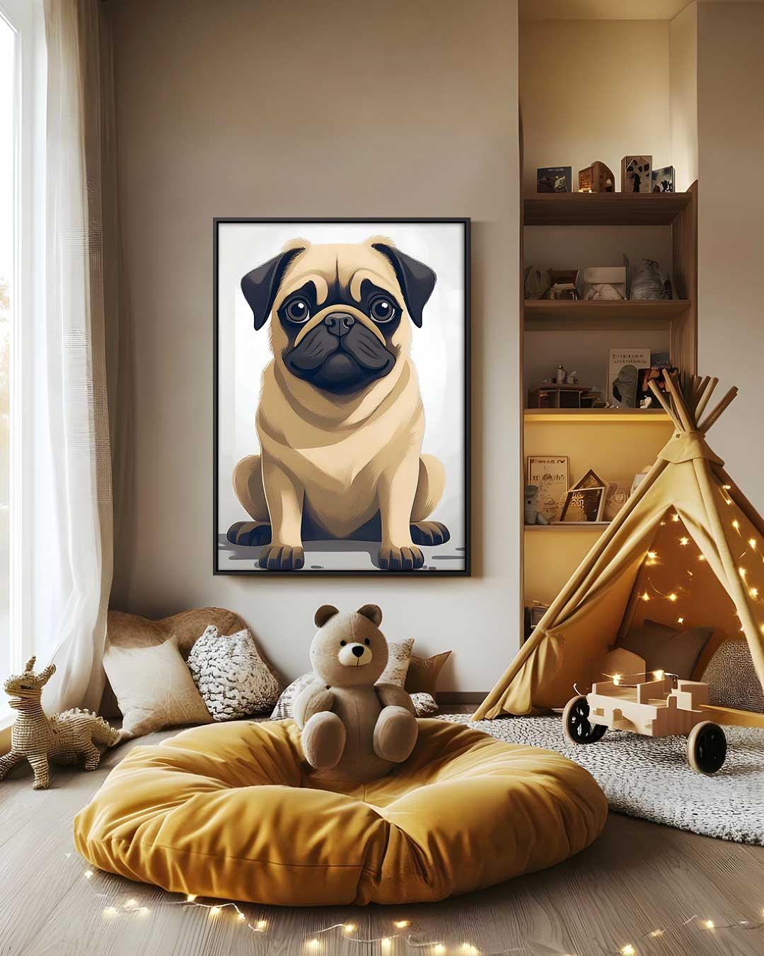Schattige Mopshond Illustratie – modern portret kunstwerk van WallArtistic