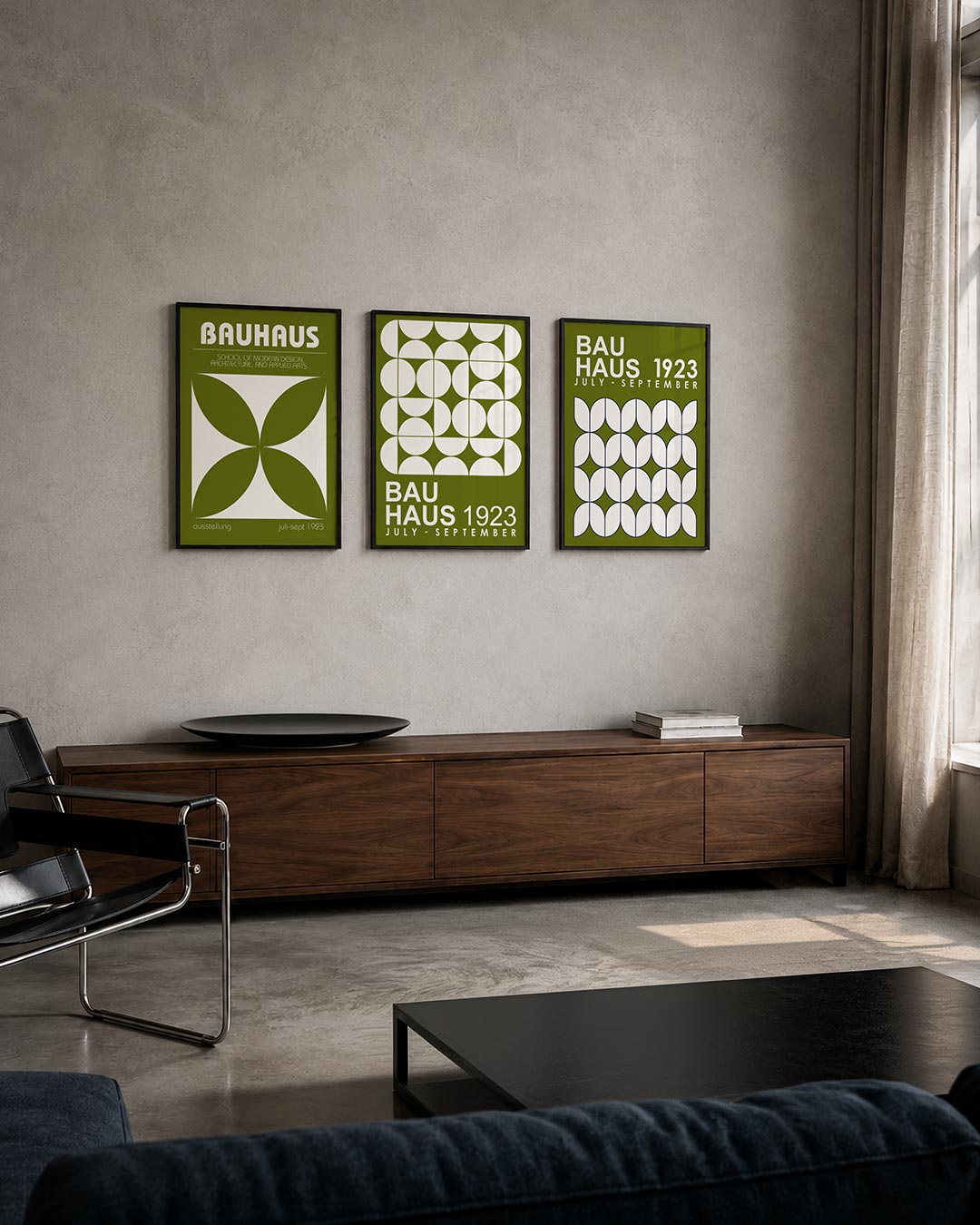 Vorm en balans posterset – tweede productweergave – deze posterset in drie delen toont een harmonie van olijfgroene en witte