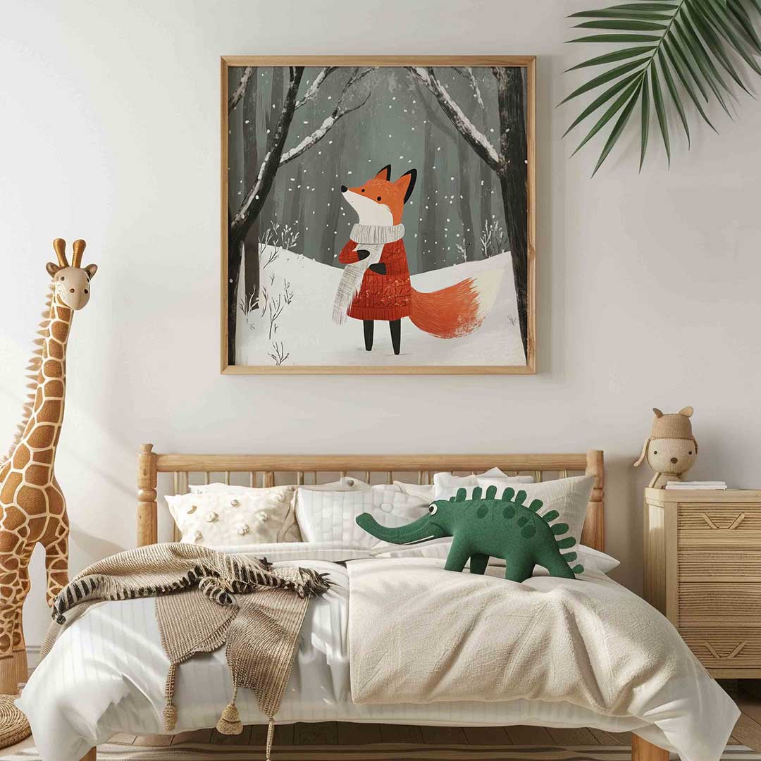 Vos in winterbos – vierkante kinderkamer wanddecoratie van WallArtistic