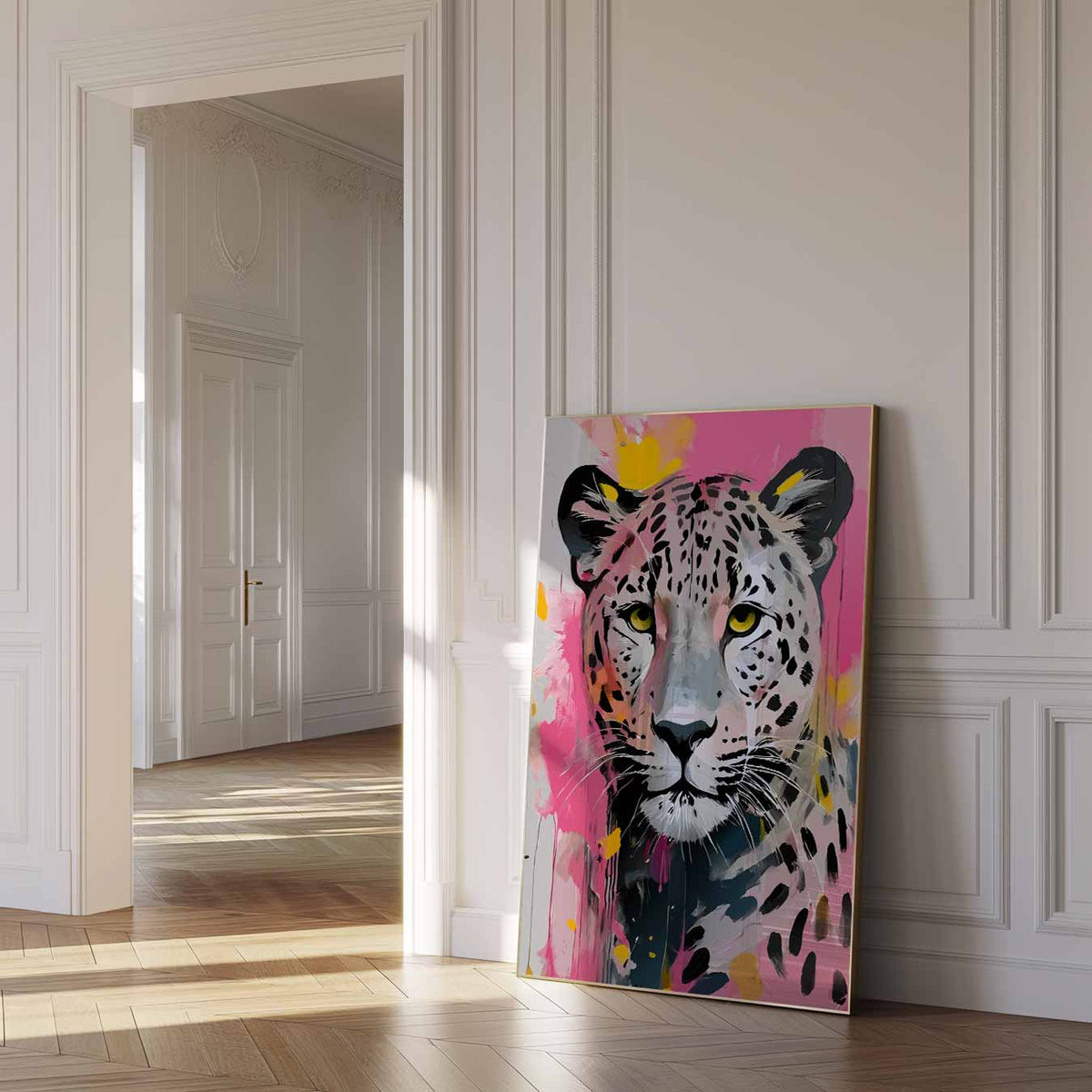Dromerige Luipaard Kunstprint – dierenposter als moderne staande wanddecoratie