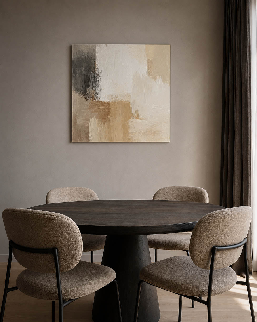 Zachte kleuren compositie kunstwerk – tweede productweergave – dit werk toont een harmonieuze mix van beige, wit en bruin