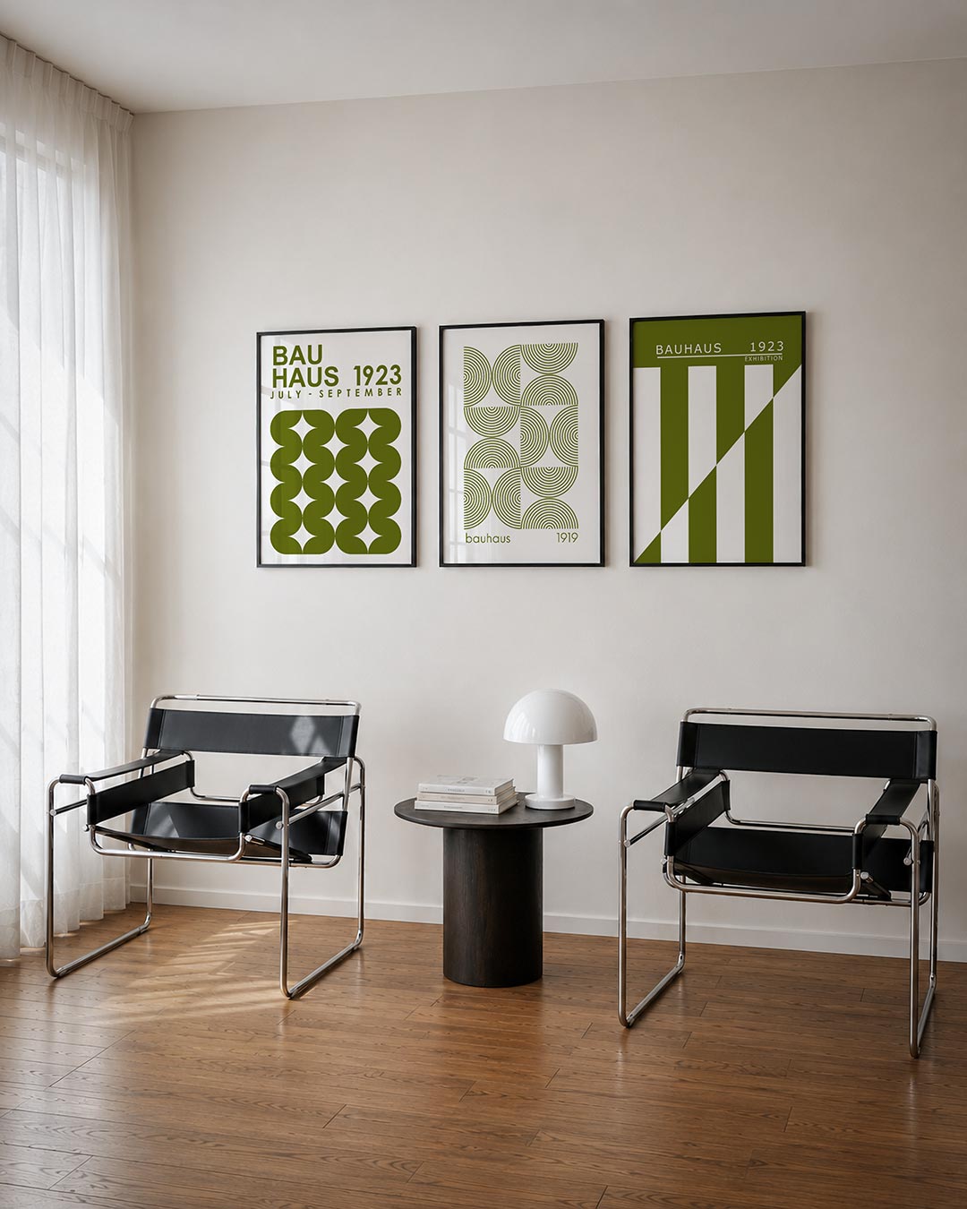 Groene vormritme driedelige posterset – deze posterset in drie delen toont een ritmisch patroon van groene halve cirkels die
