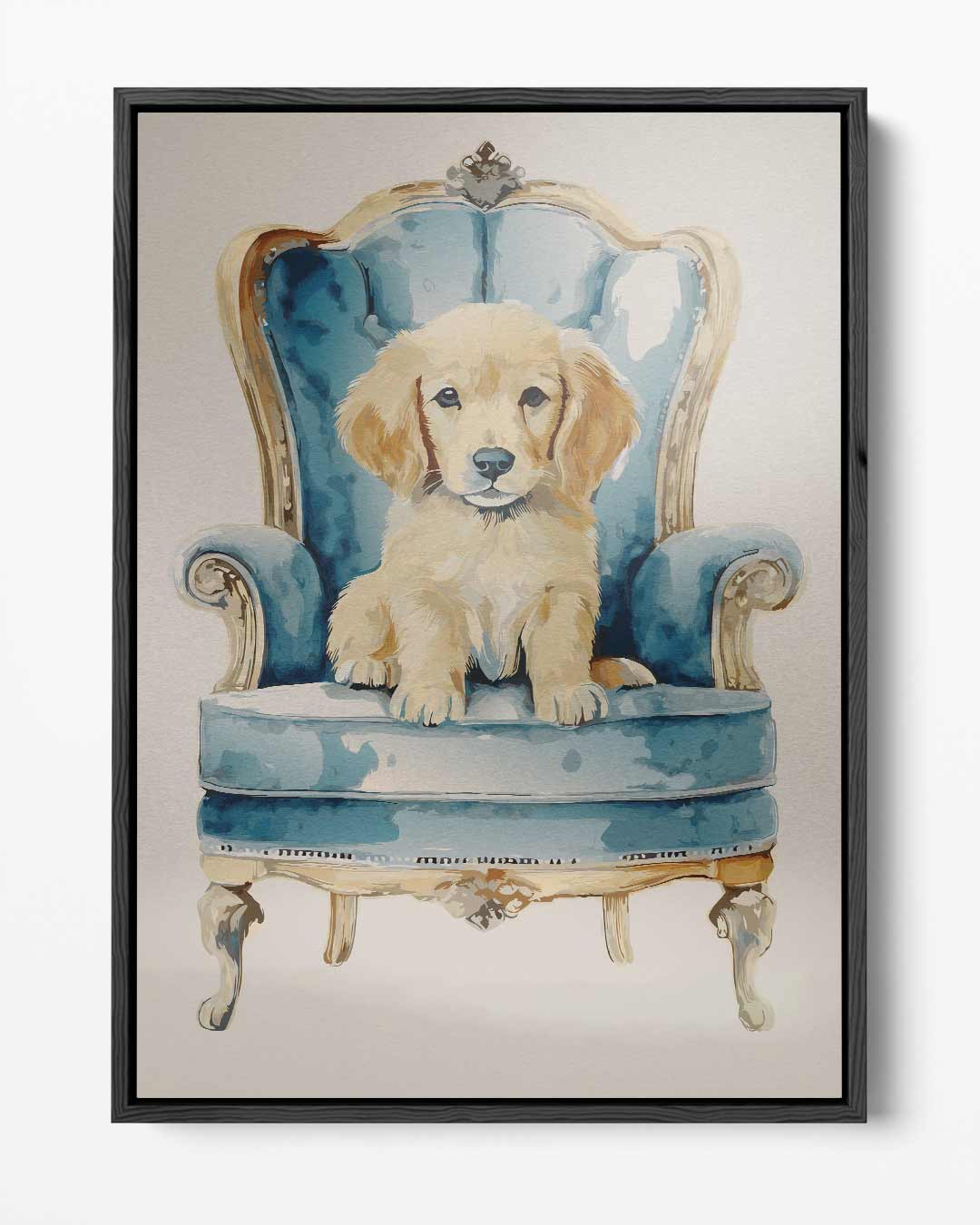 Koninklijk Hondje op Blauw Stoeltje – portret kunstwerk als wanddecoratie