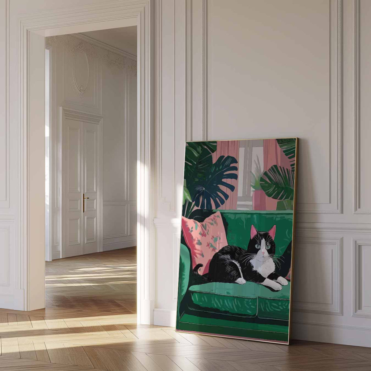 Kat op Groene Bank – dierenposter als moderne staande wanddecoratie