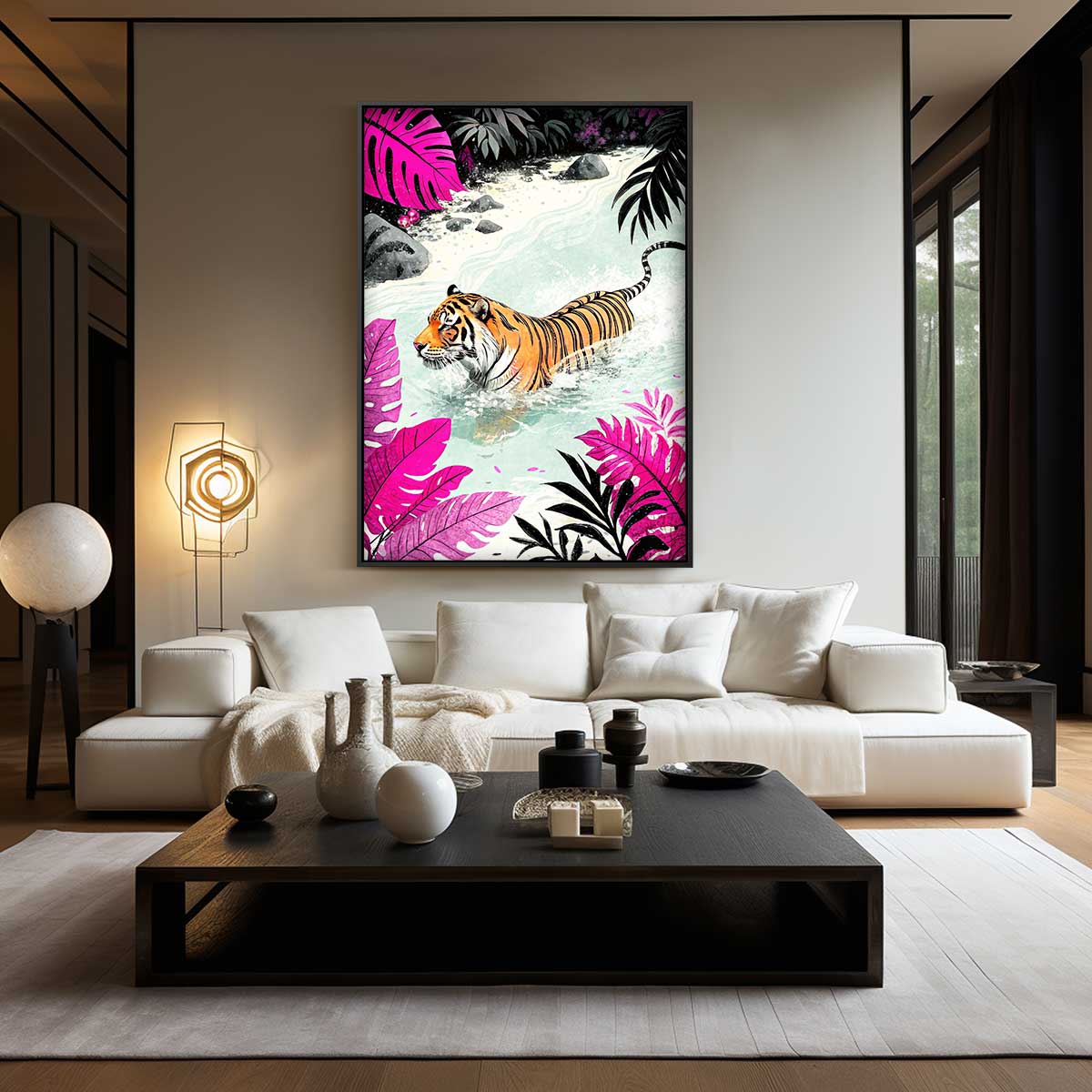 Tijger in Kleurrijke Jungle – kunstwerk met zwarte baklijst