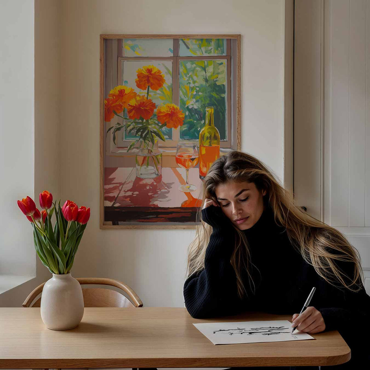 Zomerse Bloemen en Wijn – staande muurposter met zomerse uitstraling