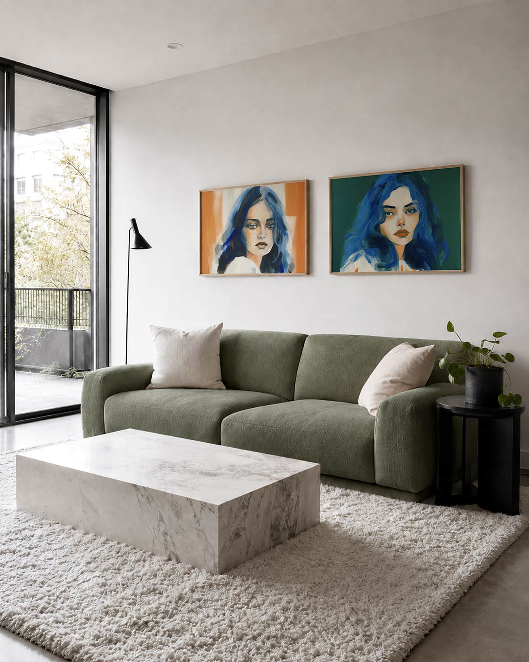 Twee liggende posters met een vrouwelijk gezicht met blauwe en oranje kleurvlakken, aan de muur in een interieur