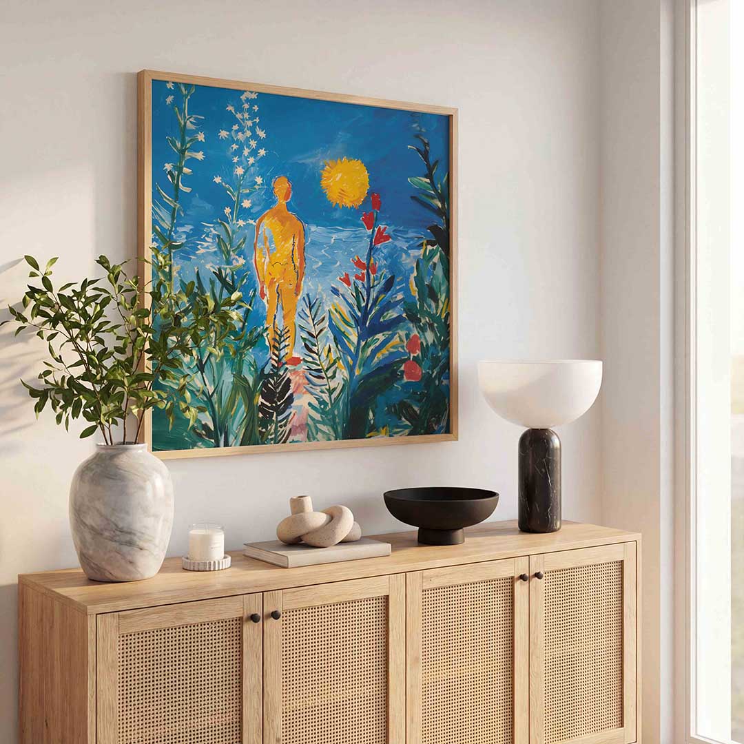 Figuur in kleurrijke natuur – kunst en design poster in vierkant formaat