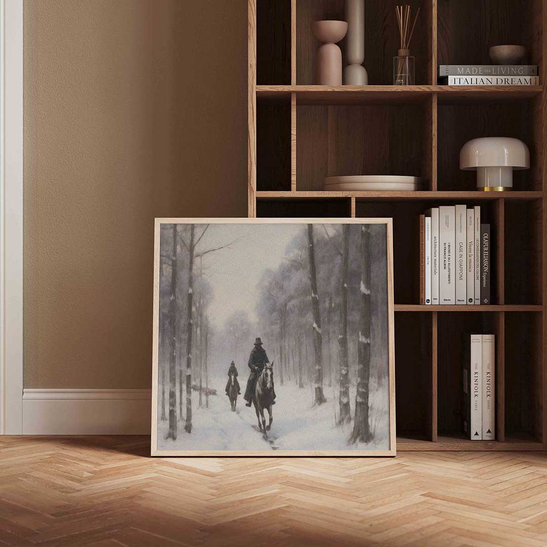 Ruiters in besneeuwd bos – vierkante vintage wanddecoratie van WallArtistic