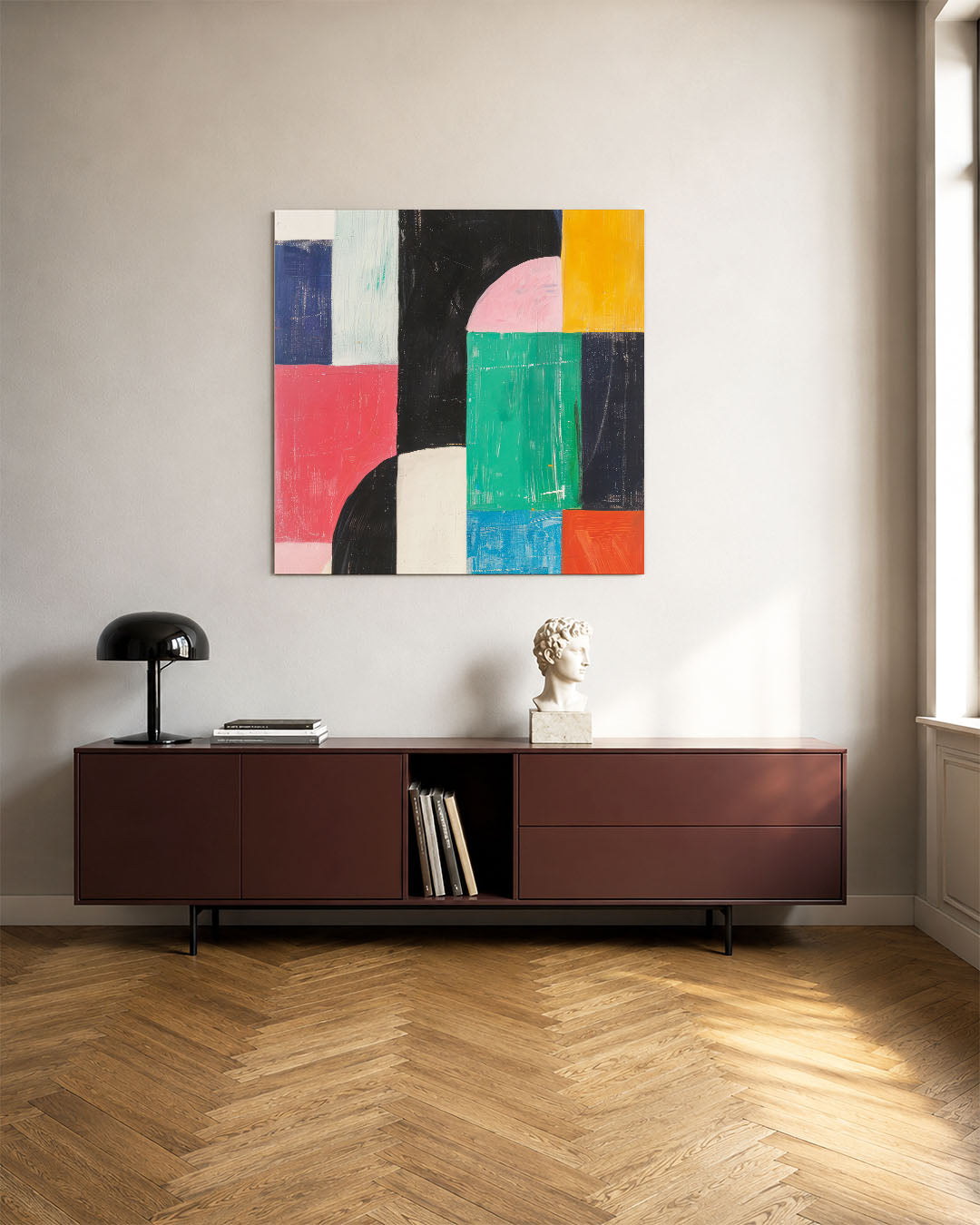 Geometrische kleurencompositie kunstwerk – tweede productweergave – dit werk toont een levendige mix van rechthoeken en halve