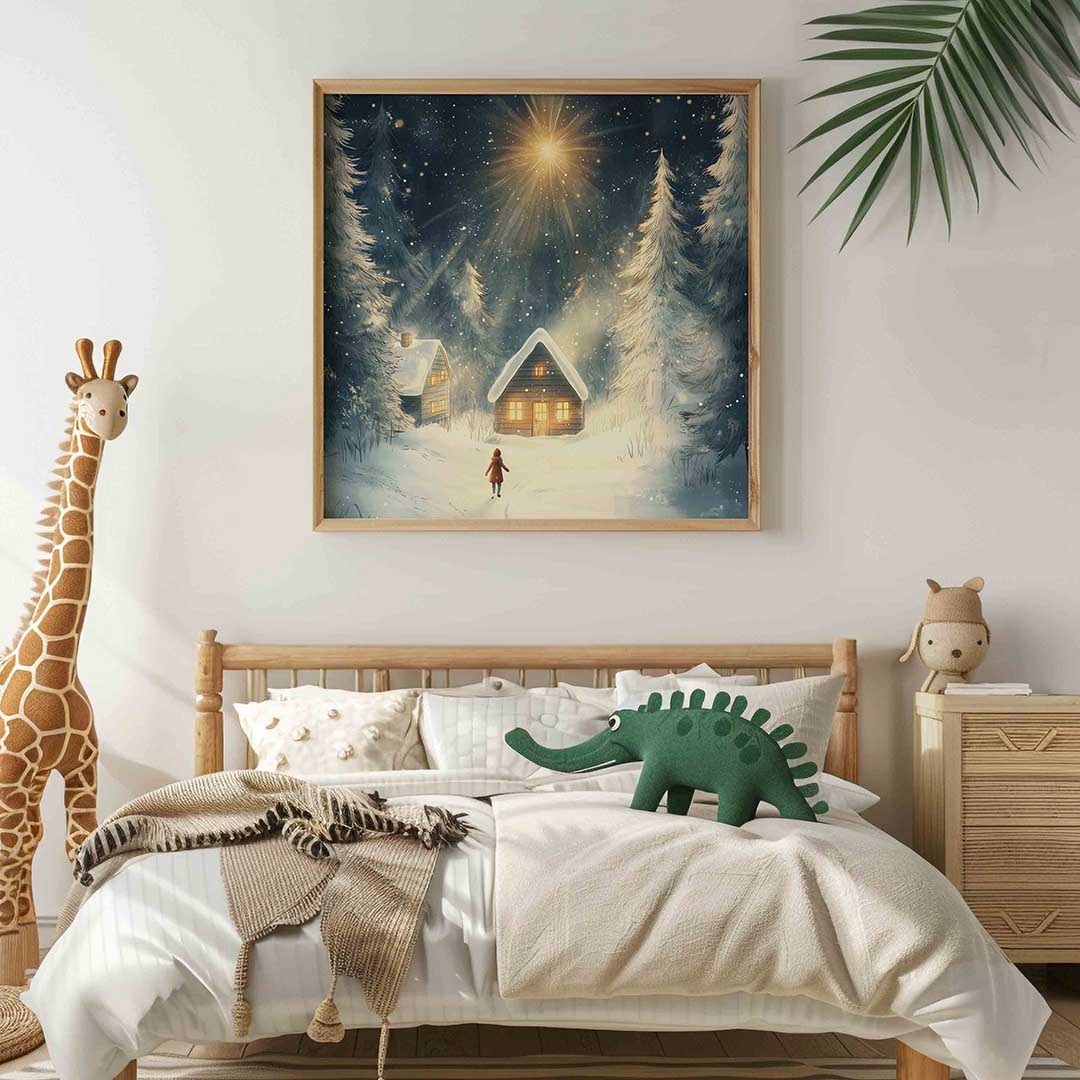 Winterlandschap met huisjes – vierkante kinderkamer wanddecoratie van WallArtistic