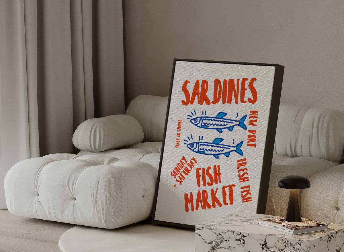 Retro Sardiens Vismarkt Poster – plexiglas wanddecoratie in portret formaat