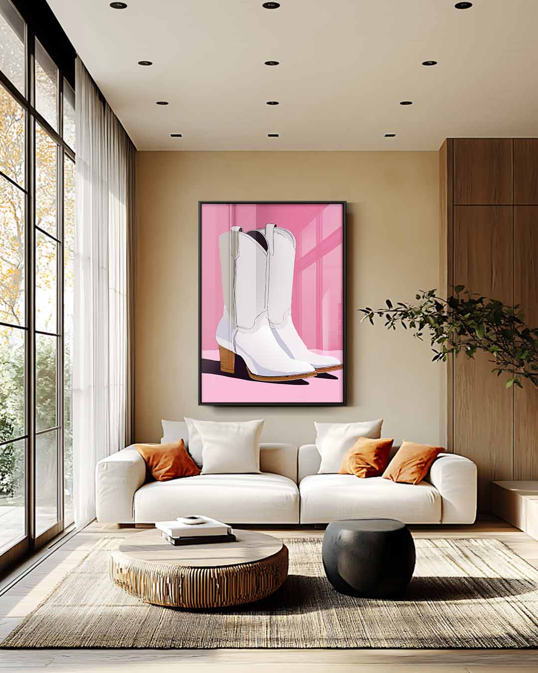 Cowboylaarzen op Roze – plexiglas wanddecoratie in portret formaat