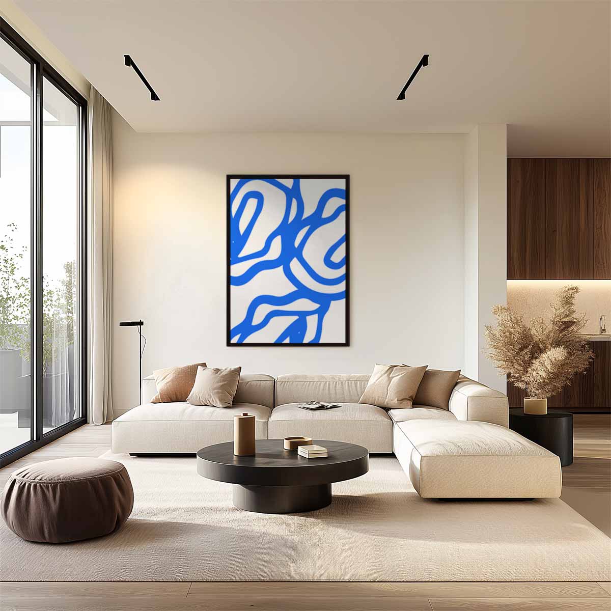 Abstracte Blauwe Golven – kunstwerk met zwarte baklijst