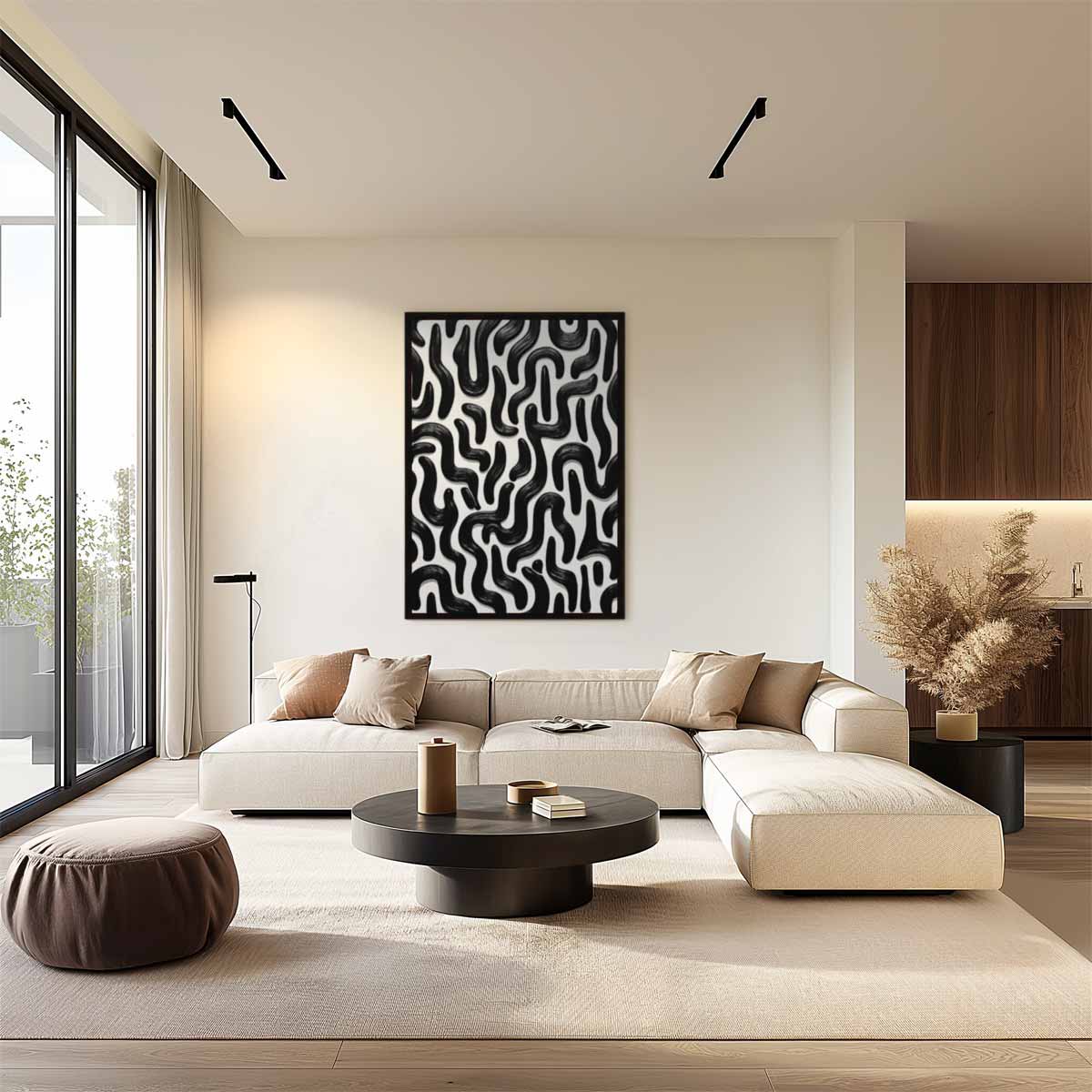 Dynamische Zwarte Stroom – plexiglas wanddecoratie in portret formaat