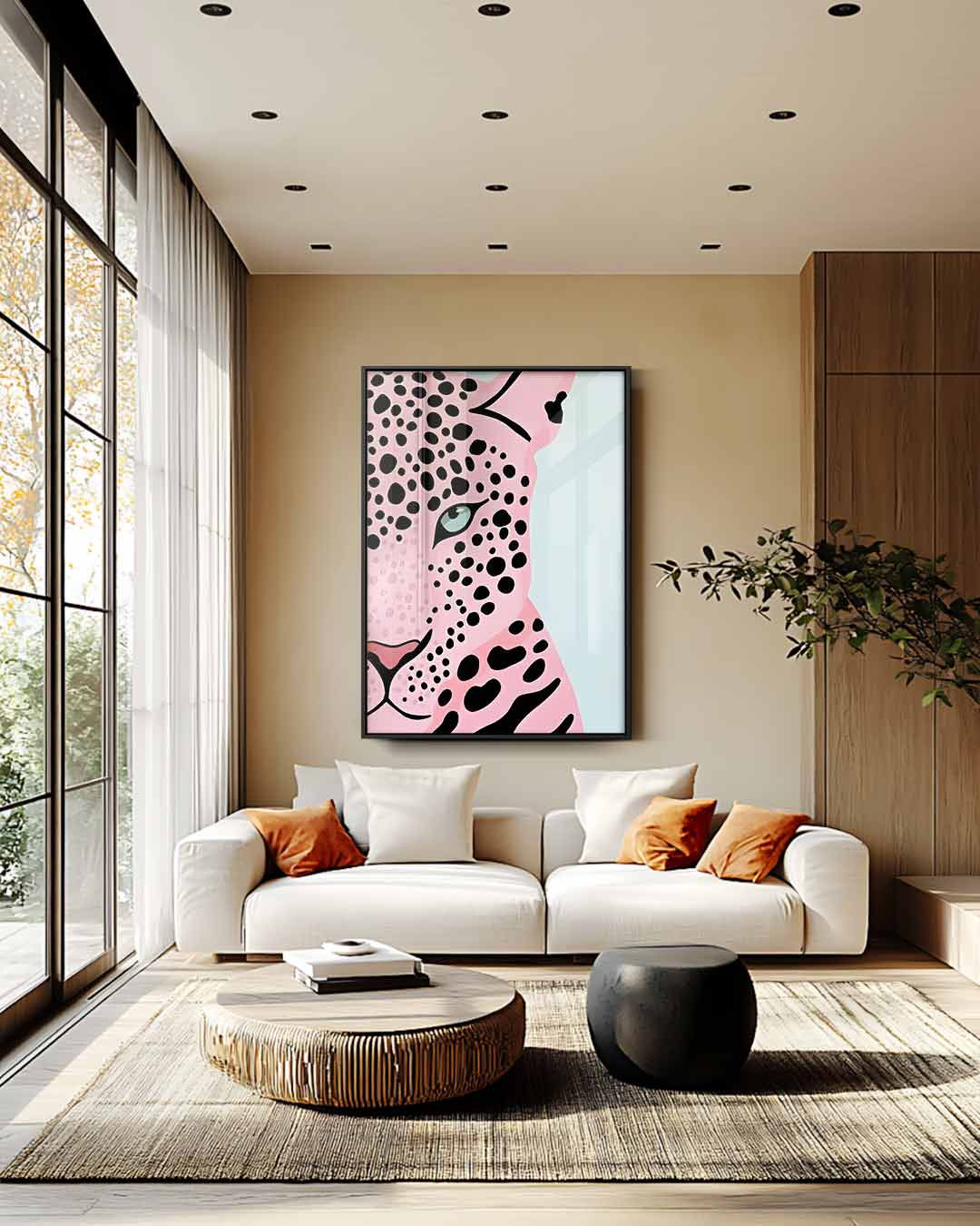 Roze Luipaard Pop Art – plexiglas wanddecoratie in portret formaat
