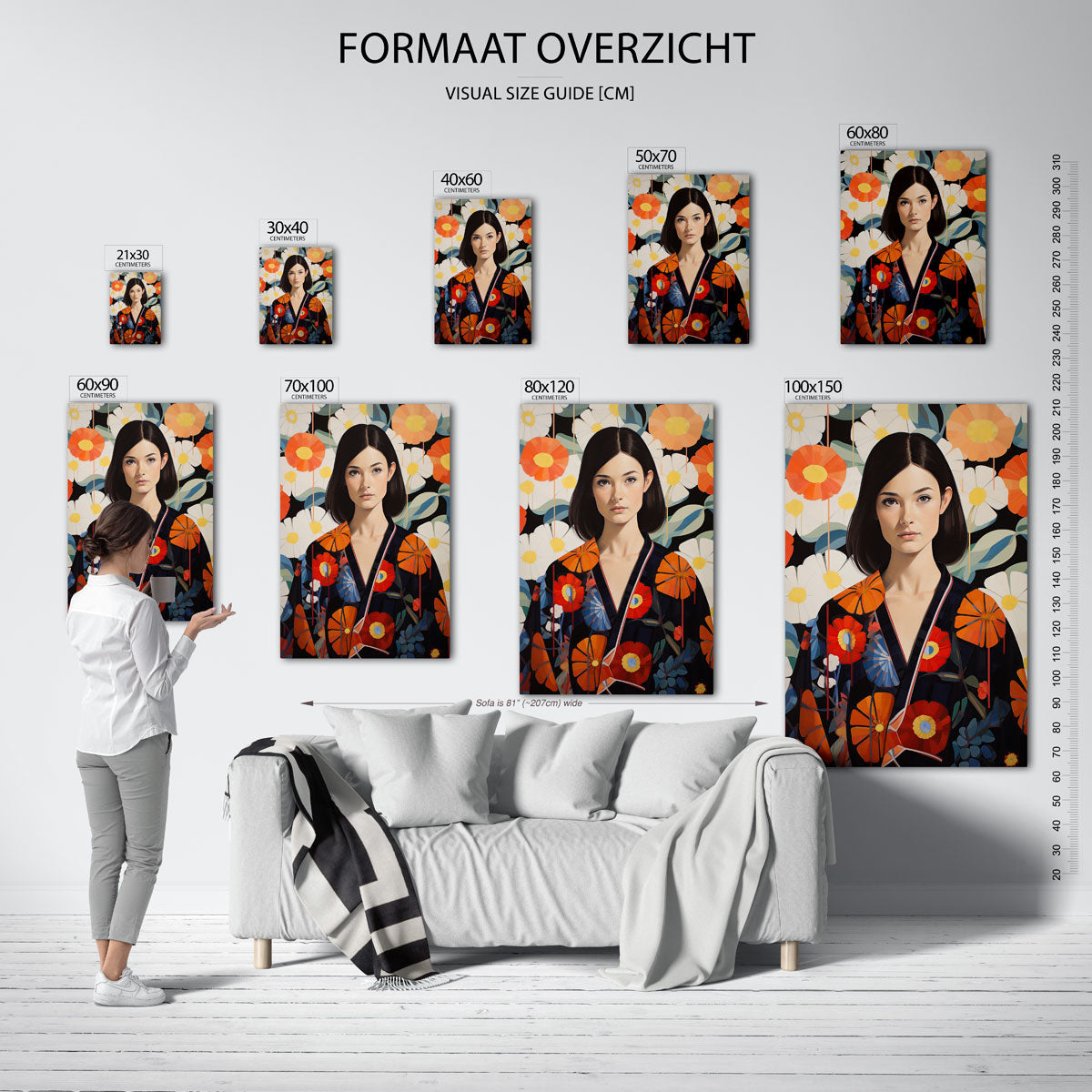 Vrouw met bloemenachtergrond – staande muurposter met botanisch thema