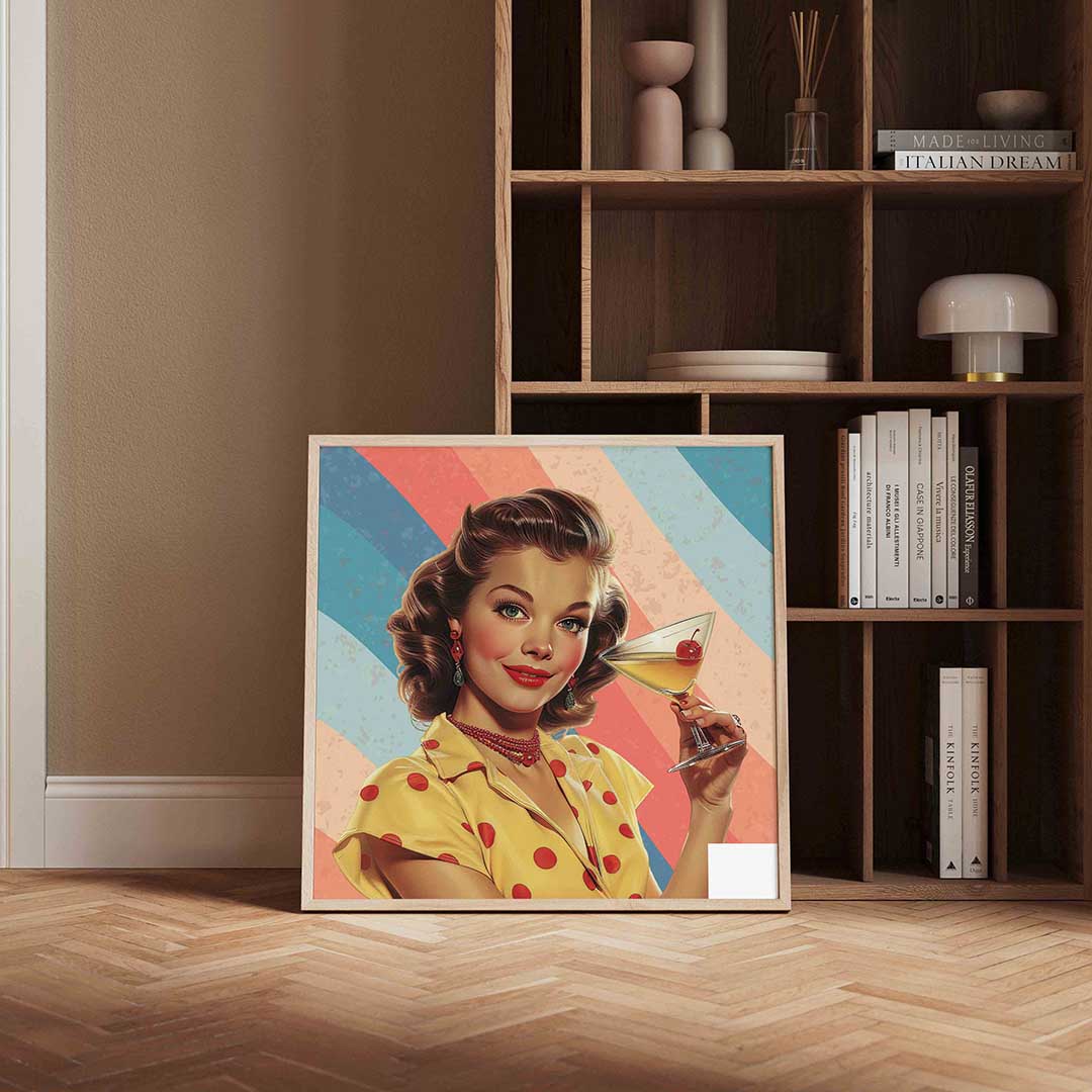 Vrouw met cocktail – kleurrijke Pop Art poster in vierkant formaat