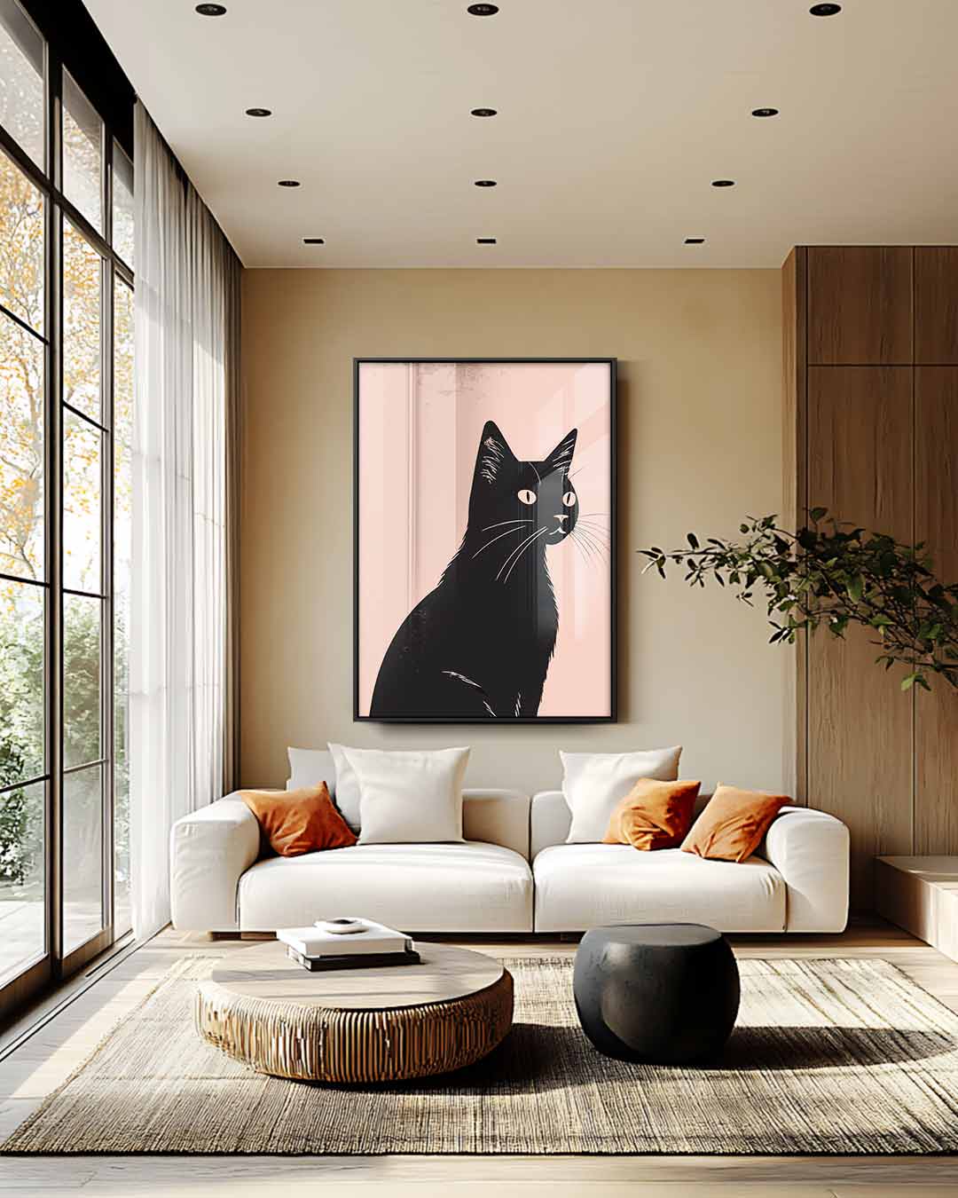 Stijlvolle Zwarte Kat Illustratie – modern portret kunstwerk van WallArtistic