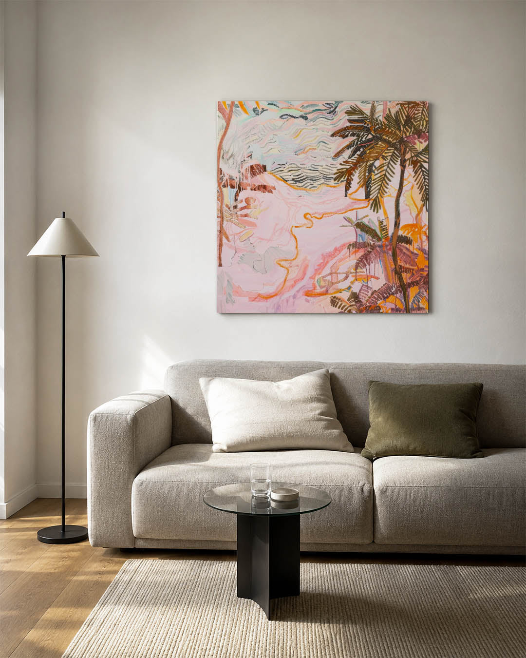 Vrolijke palmen kunstwerk – detailweergave – dit werk toont een levendige compositie van palmbomen met vloeiende lijnen en