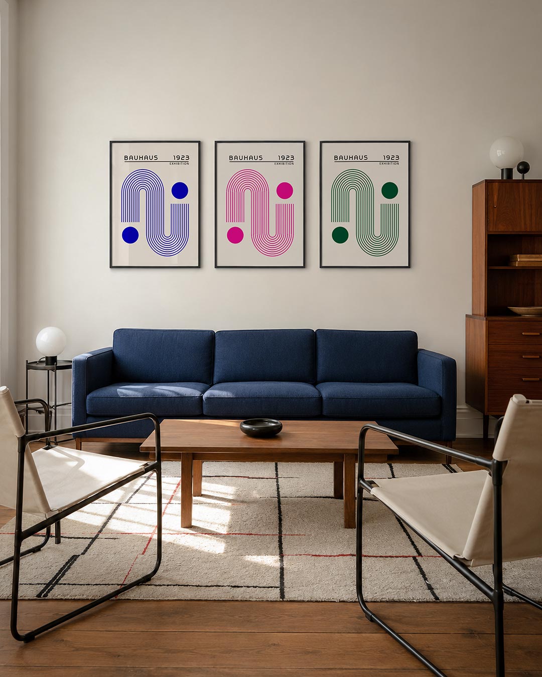 Lijnen en cirkels driedelige posterset – deze posterset in drie delen toont een vloeiend lijnenspel met blauwe cirkels. De