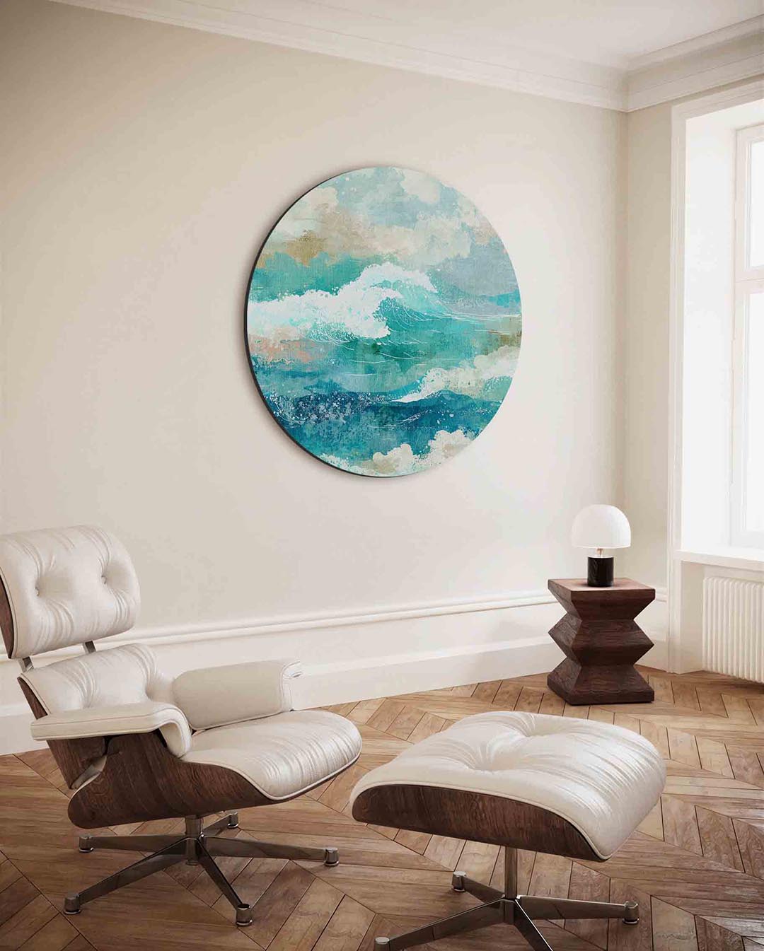 Golven en wolken – ronde wanddecoratie met abstract ontwerp
