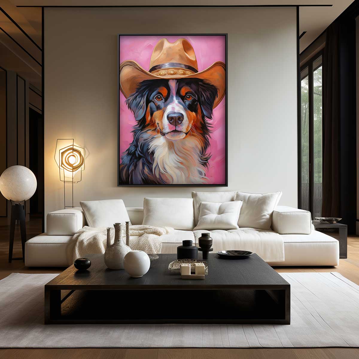 Stoere Hond met Cowboyhoed – kunstwerk met zwarte baklijst