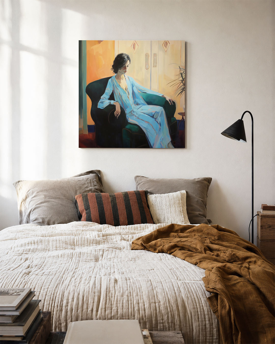 Vrouw in blauwe kamer kunstwerk – detailweergave – dit kunstwerk toont een vrouw in een blauwe jurk zittend in een groene