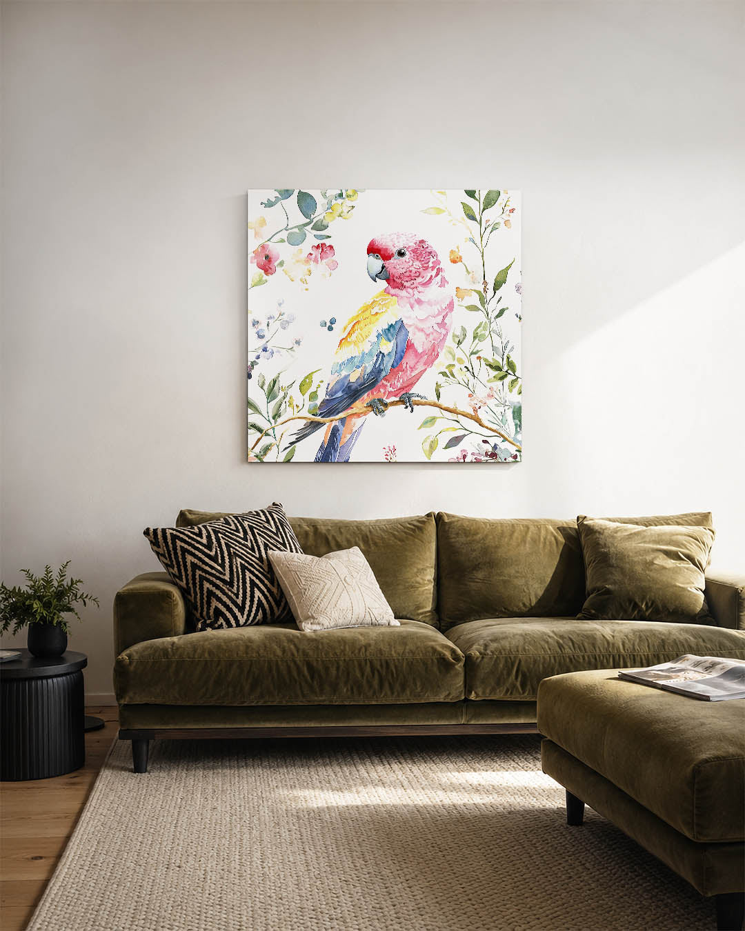 Vrolijke vogel illustratie kunstwerk – sfeerbeeld – dit werk toont een kleurrijke vogel omringd door delicate bloemen en