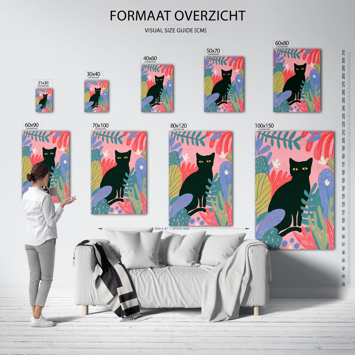 Zwarte kat en bladeren – staande muurposter met kleurrijke abstracte vormen