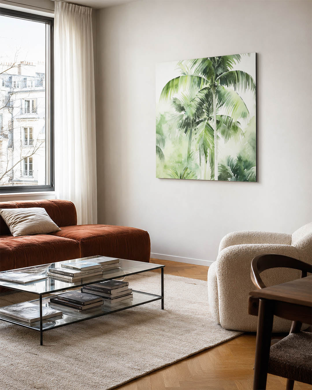 Tropische bladeren kunstwerk – vierkante wanddecoratie – dit werk toont weelderige groene palmbladeren tegen een lichte