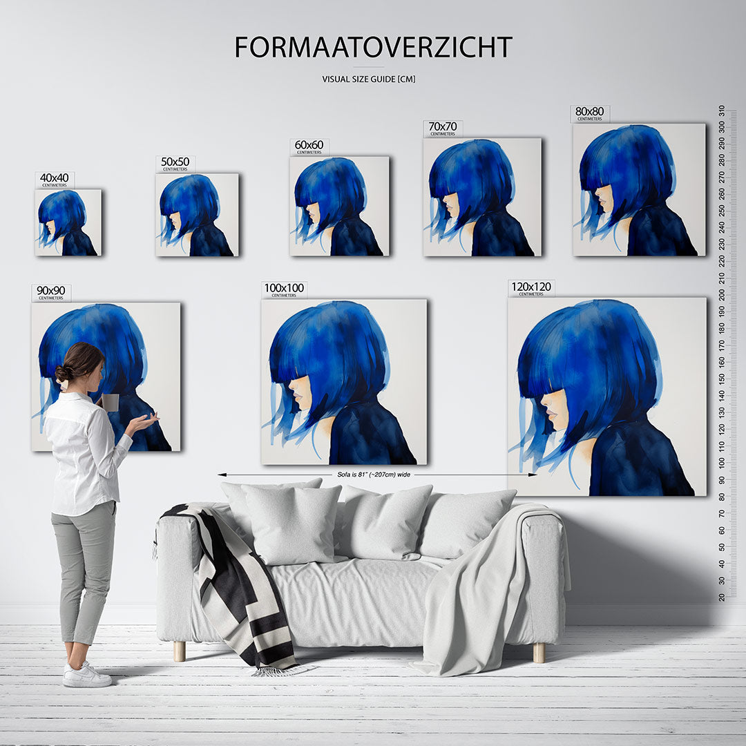 Blauwe silhouet kunstwerk – sfeerbeeld – dit kunstwerk toont een zijaanzicht van een persoon met opvallend blauw haar tegen