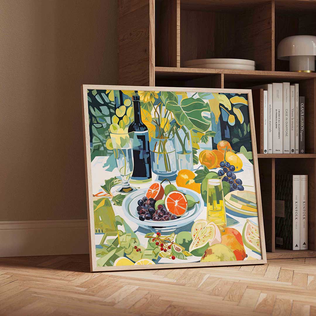Fruit en flessen – geïllustreerde wandkunst als vierkante poster