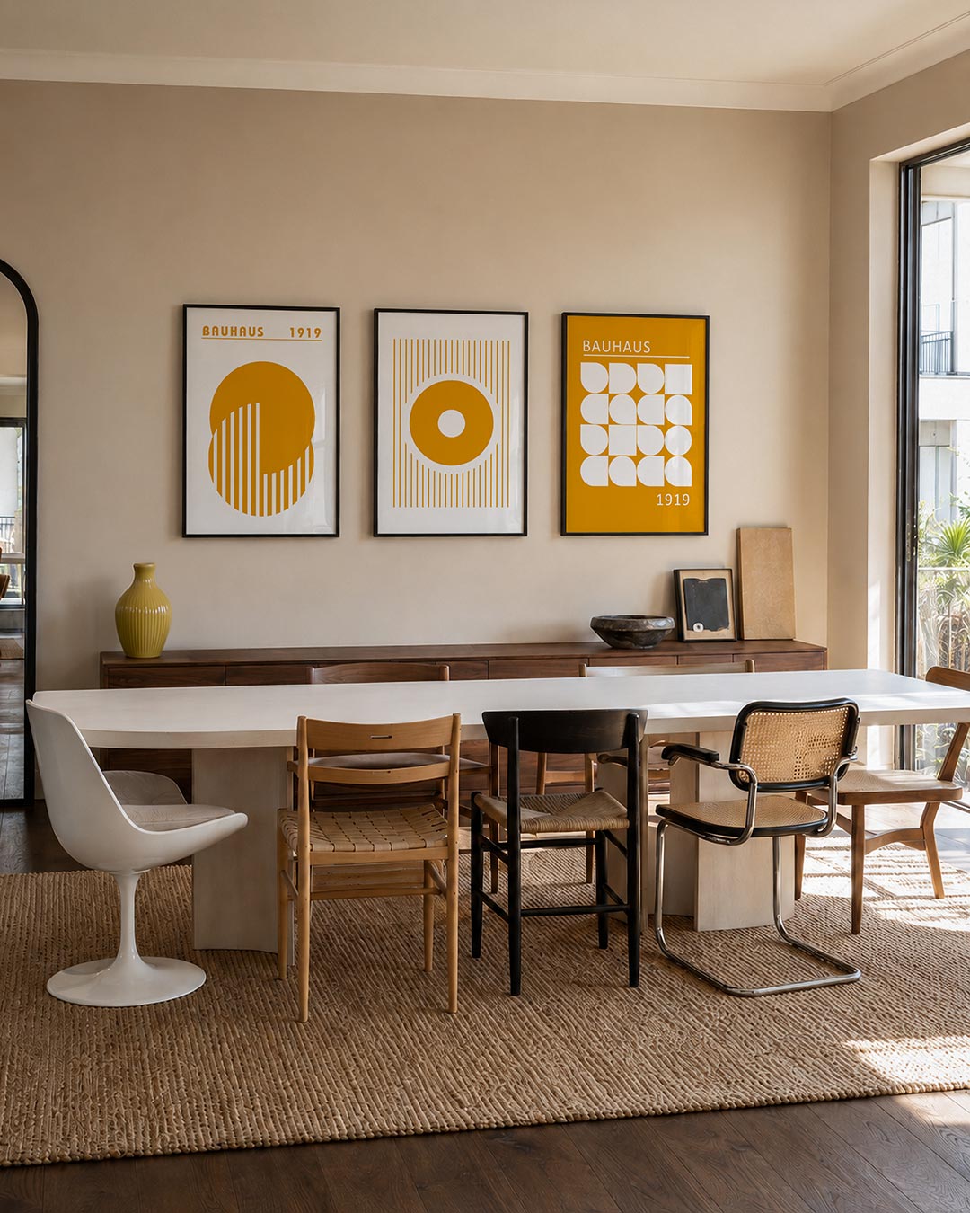 Cirkel en strepen driedelige posterset – deze posterset in drie delen toont een grote oranje cirkel met verticale witte